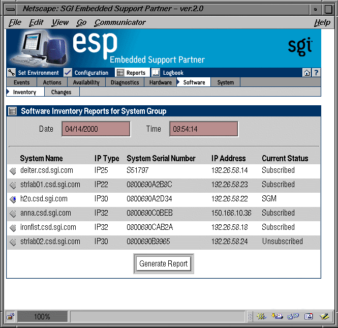 Figure 5-40 Software Inventory Reports for System Group Window (System Group Manager Mode)