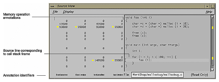 Figure 4-29 Source View with Memory Analysis Annotations