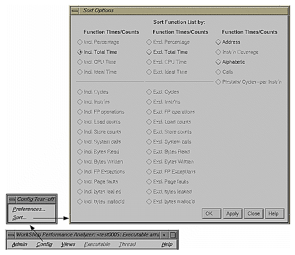 Figure 4-9 Performance Analyzer Sort Options