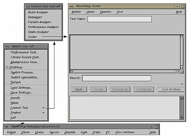 Figure 9-1 Accessing Tester from the WorkShop Debugger