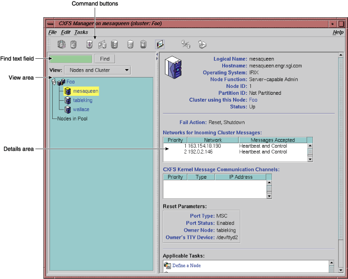 CXFS Manager GUI Showing Details for a Node
