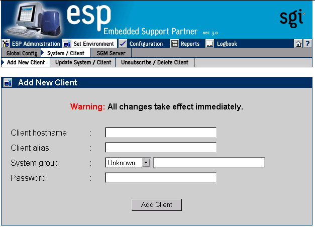 Figure 4-15 Add New Client Window for ESP 2.0 Client (System Group Manager Mode)