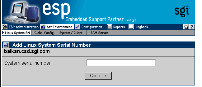 Figure 4-4 Linux System SN Window (SGM Server that has One Client without a Serial Number Entered)