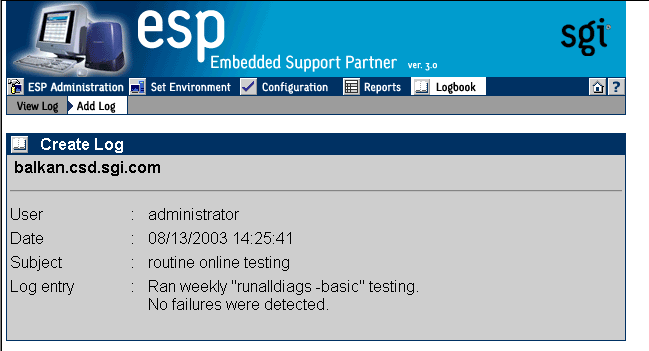 Figure 7-9 Completed Logbook Entry (Single System Manager Mode)