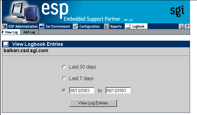 Figure 7-1 View Logbook Entries Window (Single System Manager Mode)