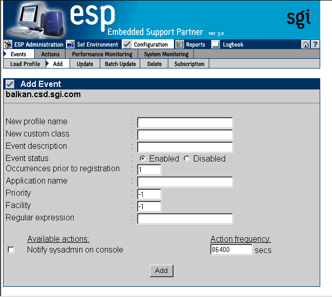 Figure 5-13 Add Event Window (Adding an Event to a New Class in a New Profile)