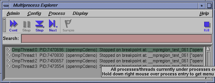 Multiprocess Explorer: OMP threads stopped at breakpoints