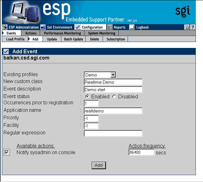 Figure 5-10 Add Event Window with Example Parameters (Adding Event to New Class)