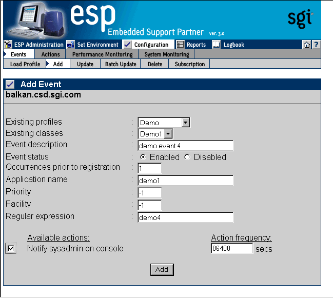 Figure 5-6 Add Event Window with Sample Parameters (Adding Event to Existing Class)