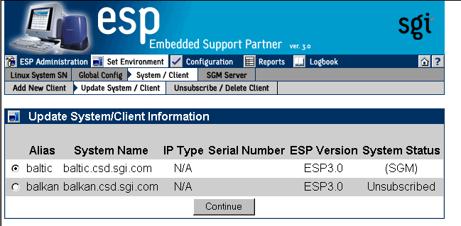 Figure 4-16 Update System/Client Window (System Group Manager Mode)