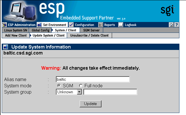 Figure 4-17 Update System Information Window (SGM Server Selected)